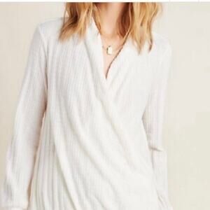 Maeve Cream Rafaela Hacci Surplice Sweater SM Faux Wrap Front Staple Minimalist